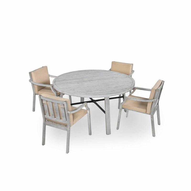 Outdoor Dining Set 4-Person Outdoor Wooden Dining Set with Umbrella Hole and Removable Cushions for Patio, Backyard