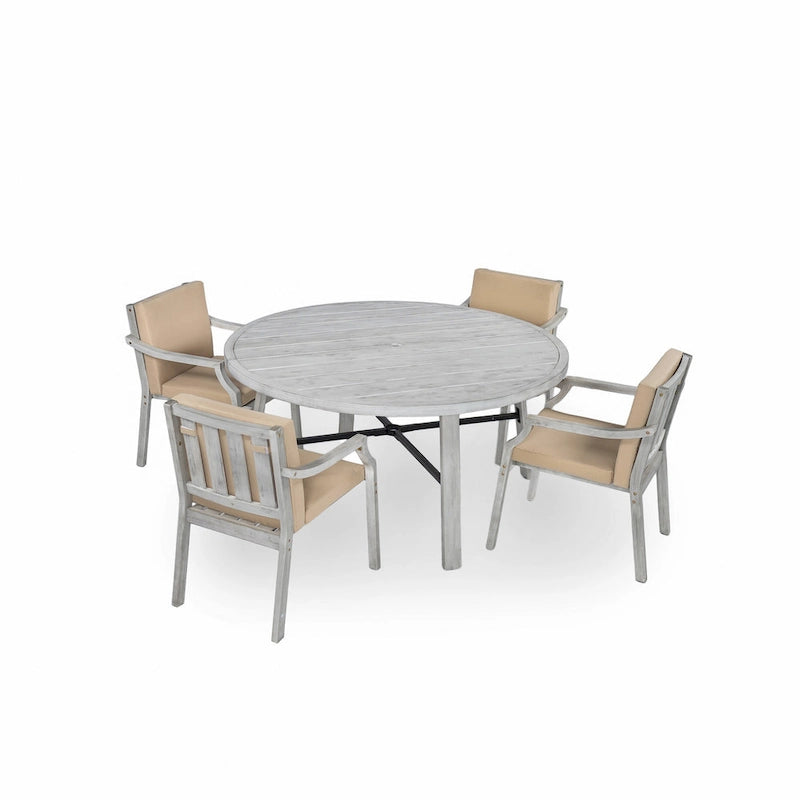 Outdoor Dining Set 4-Person Outdoor Wooden Dining Set with Umbrella Hole and Removable Cushions for Patio, Backyard