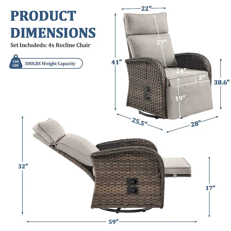 Pocassy 4PCS Versatile Outdoor Recliner Chair with Beige Cushion