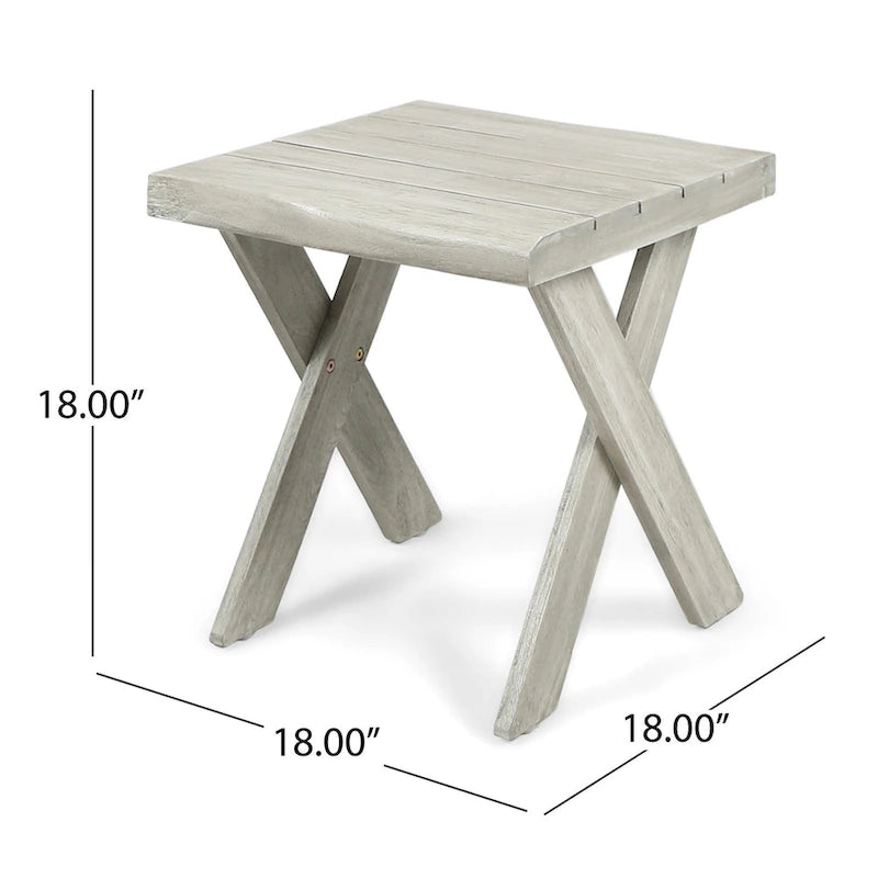 Outdoor Side End Table, 18 Inch Sandblasted Teak, Gray Acacia Wood