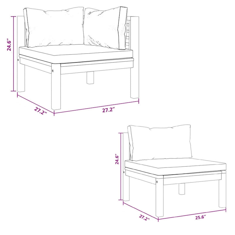 Outdoor Modular Sofa, 4 Seater, Brown Solid Acacia Wood, Gray Cushions