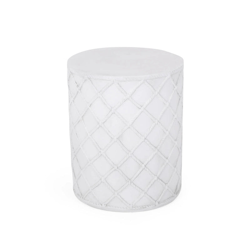 Outdoor End Table, Round 15 Inch Top, Antique White Faux Concrete