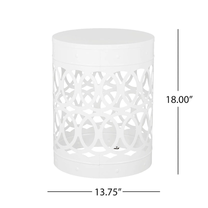 Feio Outdoor Side End Table 14 Inch Round Geometric Pattern White Iron