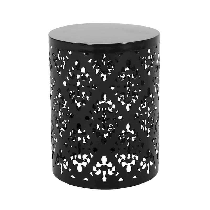 Kemo Outdoor End Table Set of 2, Round Top, Cutout Design, Black Iron