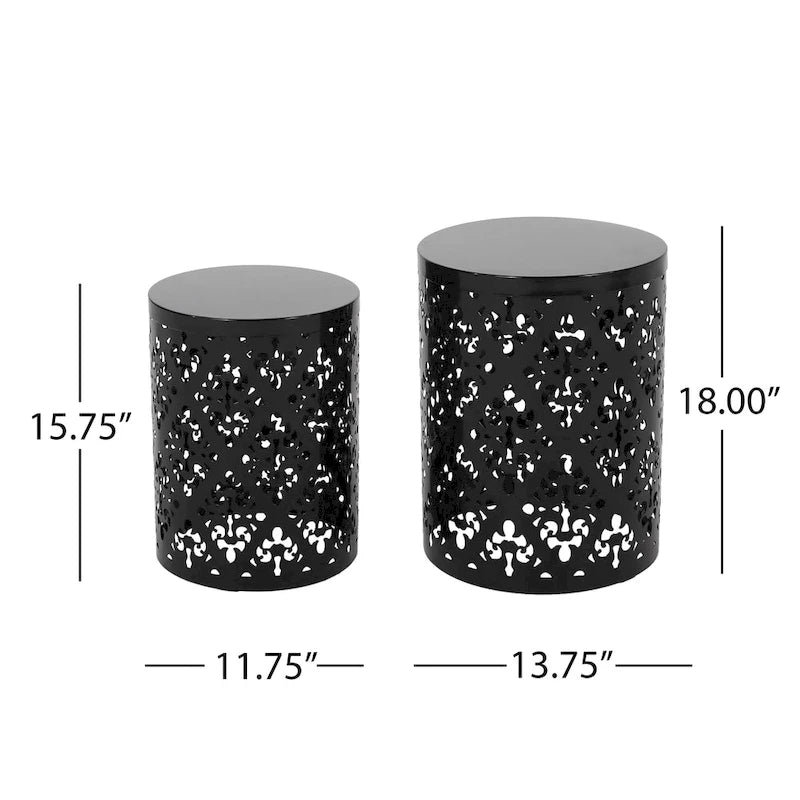 Kemo Outdoor End Table Set of 2, Round Top, Cutout Design, Black Iron