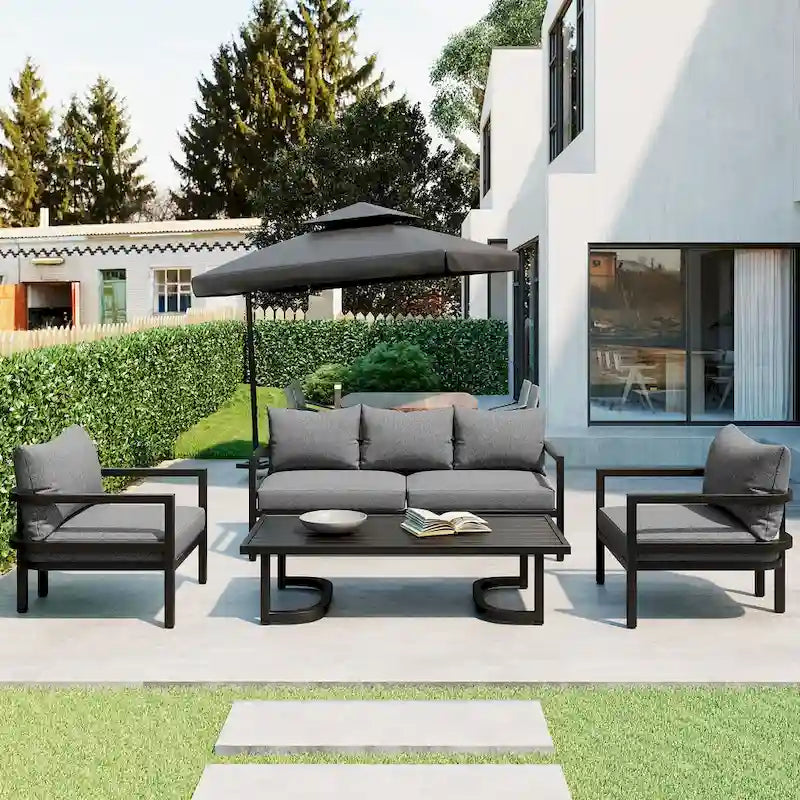 Patio Furniture Set, 5 Pcs Outdoor Steel Sofa Set, All-Weather Conversation Set with Coffee Table and 2 Single Chairs
