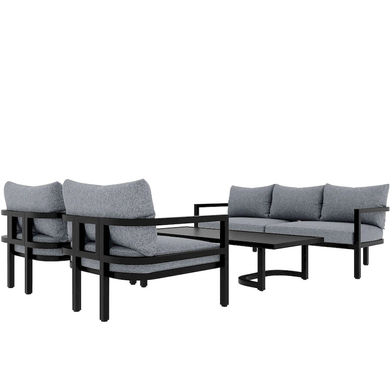 Patio Furniture Set, 5 Pcs Outdoor Steel Sofa Set, All-Weather Conversation Set with Coffee Table and 2 Single Chairs
