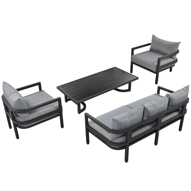 Patio Furniture Set, 5 Pcs Outdoor Steel Sofa Set, All-Weather Conversation Set with Coffee Table and 2 Single Chairs