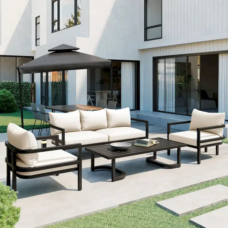 Patio Furniture Set, 5 Pcs Outdoor Steel Sofa Set, All-Weather Conversation Set with Coffee Table and 2 Single Chairs