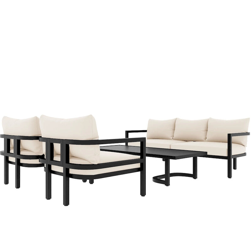 Patio Furniture Set, 5 Pcs Outdoor Steel Sofa Set, All-Weather Conversation Set with Coffee Table and 2 Single Chairs
