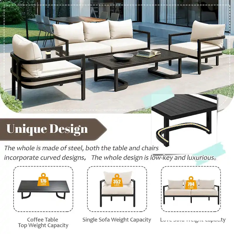 Patio Furniture Set, 5 Pcs Outdoor Steel Sofa Set, All-Weather Conversation Set with Coffee Table and 2 Single Chairs