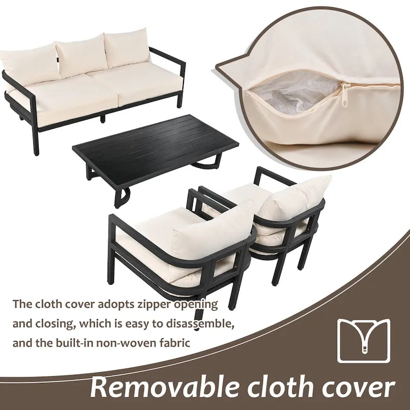 Patio Furniture Set, 5 Pcs Outdoor Steel Sofa Set, All-Weather Conversation Set with Coffee Table and 2 Single Chairs
