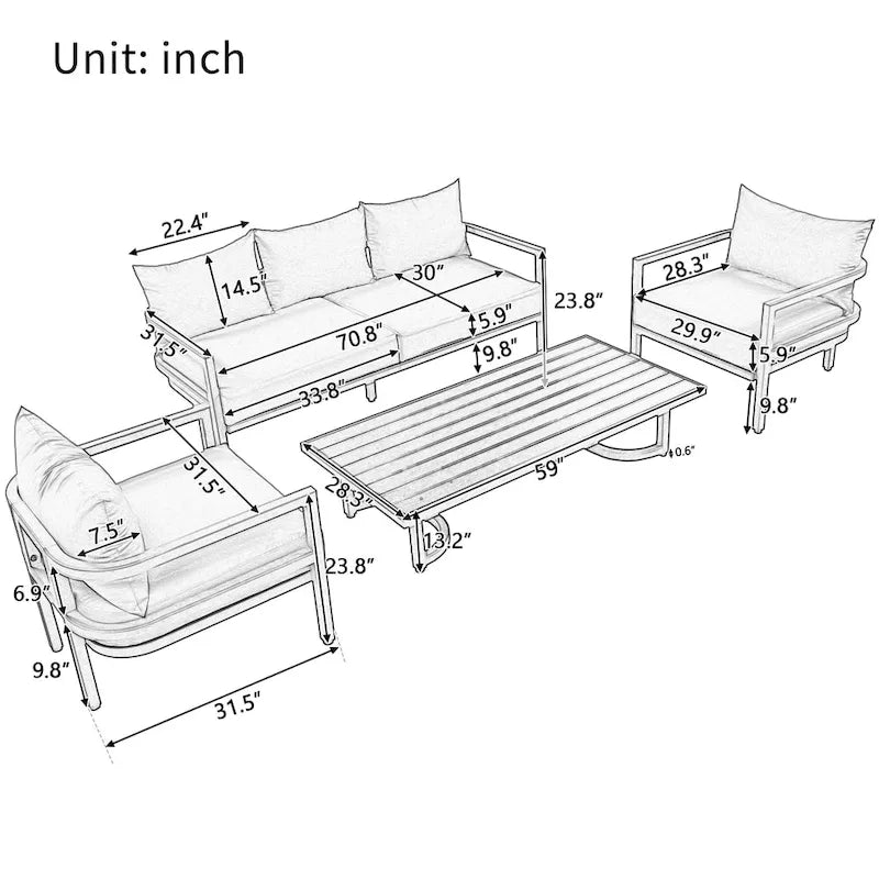 Patio Furniture Set, 5 Pcs Outdoor Steel Sofa Set, All-Weather Conversation Set with Coffee Table and 2 Single Chairs