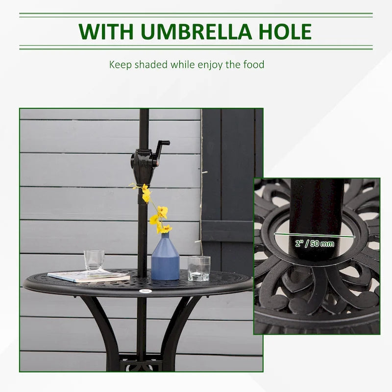30  Round Patio Dining Table with Umbrella Hole, Antique Cast Aluminum Outdoor Bistro Table Only, Black