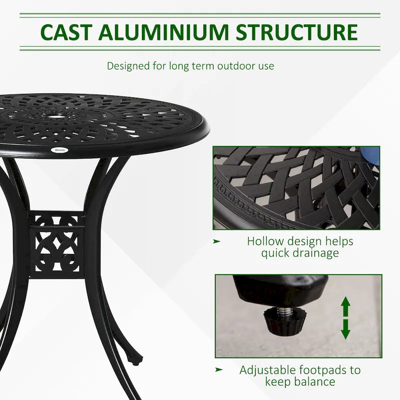 30  Round Patio Dining Table with Umbrella Hole, Antique Cast Aluminum Outdoor Bistro Table Only, Black
