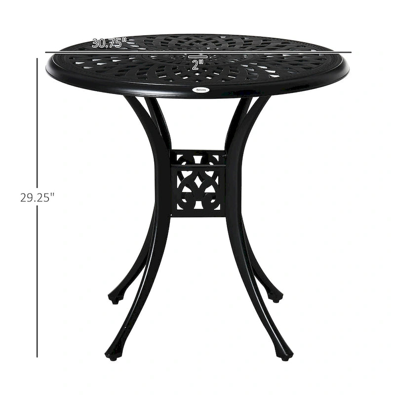 30  Round Patio Dining Table with Umbrella Hole, Antique Cast Aluminum Outdoor Bistro Table Only, Black