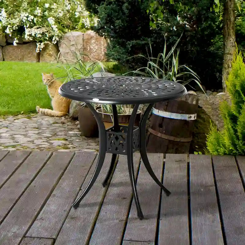 30  Round Patio Dining Table with Umbrella Hole, Antique Cast Aluminum Outdoor Bistro Table Only, Black