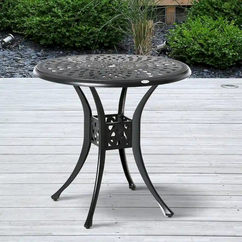 30  Round Patio Dining Table with Umbrella Hole, Antique Cast Aluminum Outdoor Bistro Table Only, Black