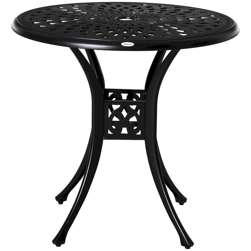 30  Round Patio Dining Table with Umbrella Hole, Antique Cast Aluminum Outdoor Bistro Table Only, Black
