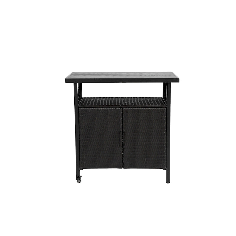 Outdoor Wicker Bar Cart, Patio Wine Serving Cart w/Wheels,Rolling Rattan Beverage Bar Counter Table w/Glass