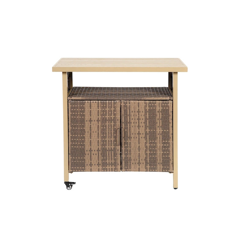 Outdoor Wicker Bar Cart, Patio Wine Serving Cart w/Wheels,Rolling Rattan Beverage Bar Counter Table w/Glass