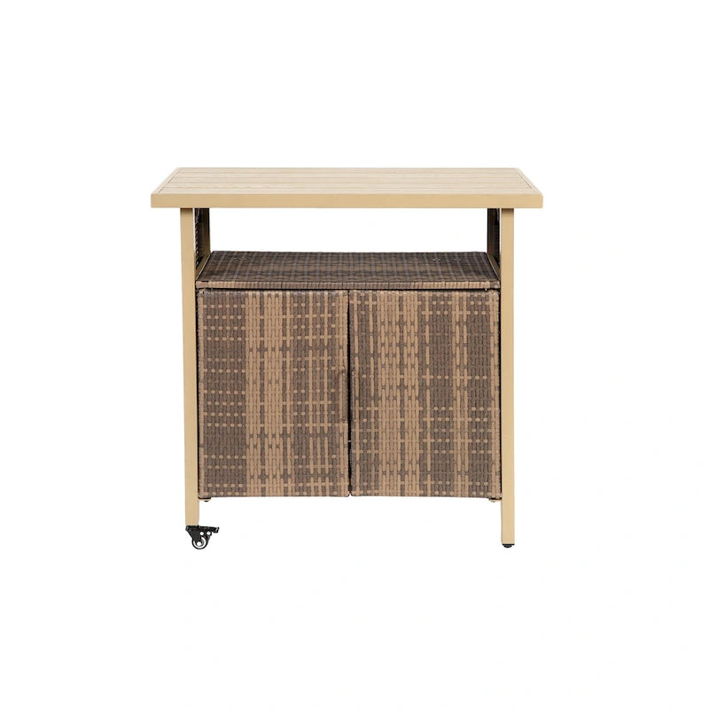 Outdoor Wicker Bar Cart, Patio Wine Serving Cart w/Wheels,Rolling Rattan Beverage Bar Counter Table w/Glass