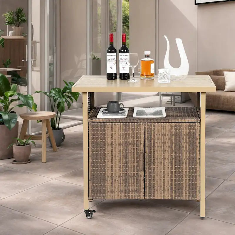 Outdoor Wicker Bar Cart, Patio Wine Serving Cart w/Wheels,Rolling Rattan Beverage Bar Counter Table w/Glass
