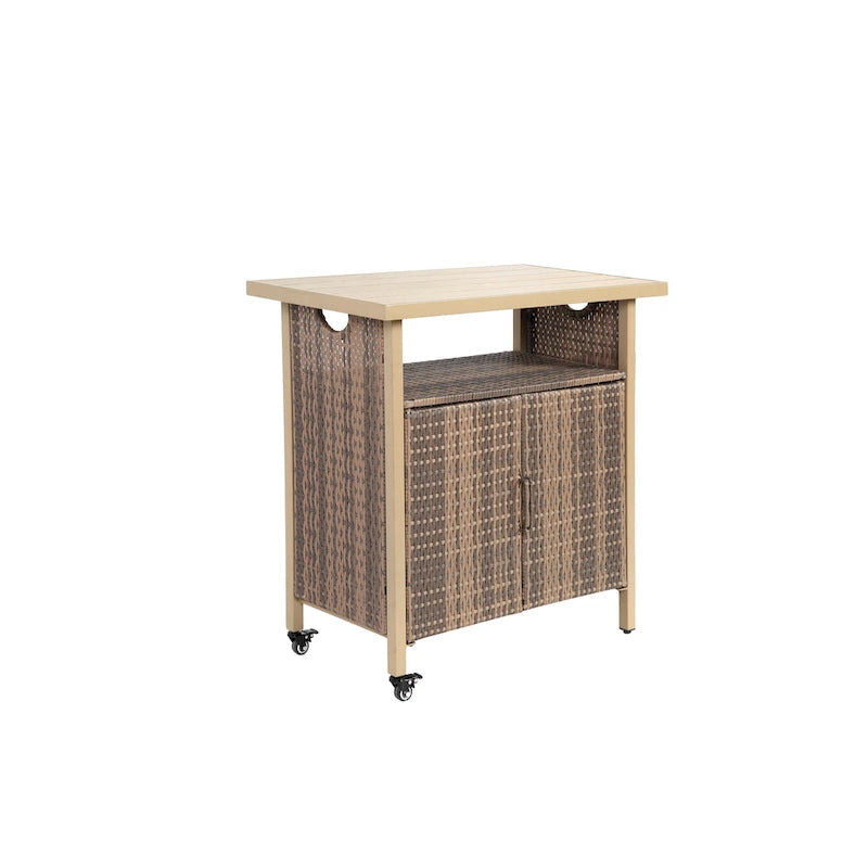 Outdoor Wicker Bar Cart, Patio Wine Serving Cart w/Wheels,Rolling Rattan Beverage Bar Counter Table w/Glass