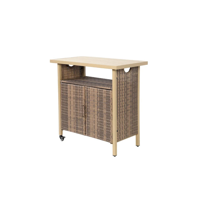 Outdoor Wicker Bar Cart, Patio Wine Serving Cart w/Wheels,Rolling Rattan Beverage Bar Counter Table w/Glass