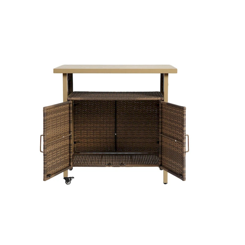 Outdoor Wicker Bar Cart, Patio Wine Serving Cart w/Wheels,Rolling Rattan Beverage Bar Counter Table w/Glass