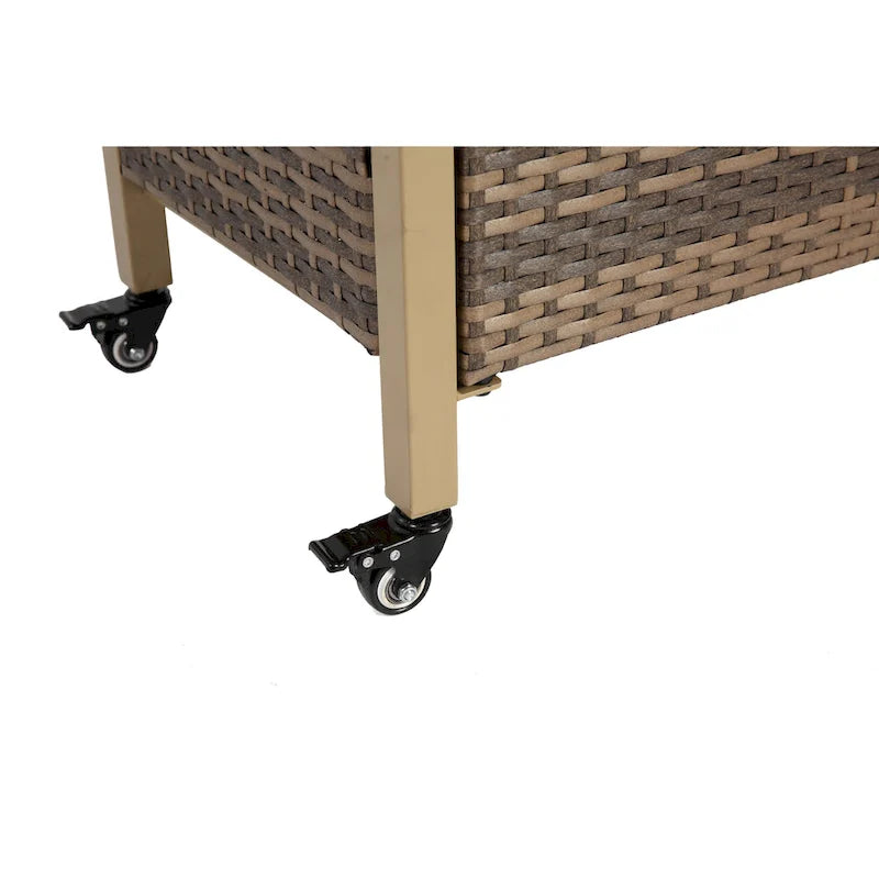 Outdoor Wicker Bar Cart, Patio Wine Serving Cart w/Wheels,Rolling Rattan Beverage Bar Counter Table w/Glass