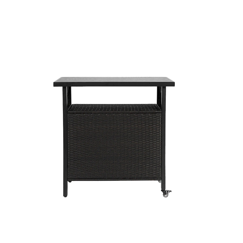 Outdoor Wicker Bar Cart, Patio Wine Serving Cart w/Wheels,Rolling Rattan Beverage Bar Counter Table w/Glass