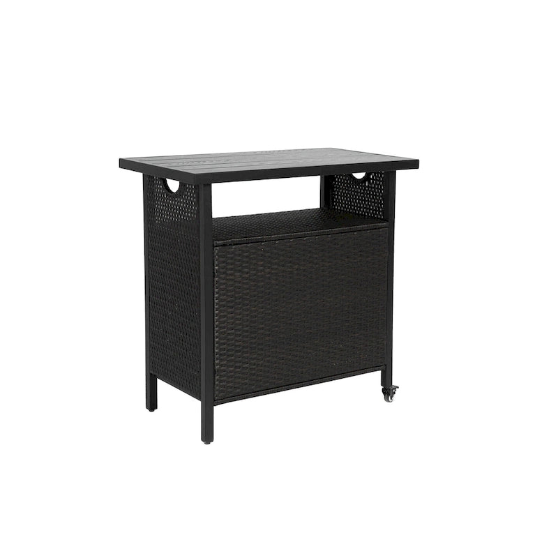Outdoor Wicker Bar Cart, Patio Wine Serving Cart w/Wheels,Rolling Rattan Beverage Bar Counter Table w/Glass