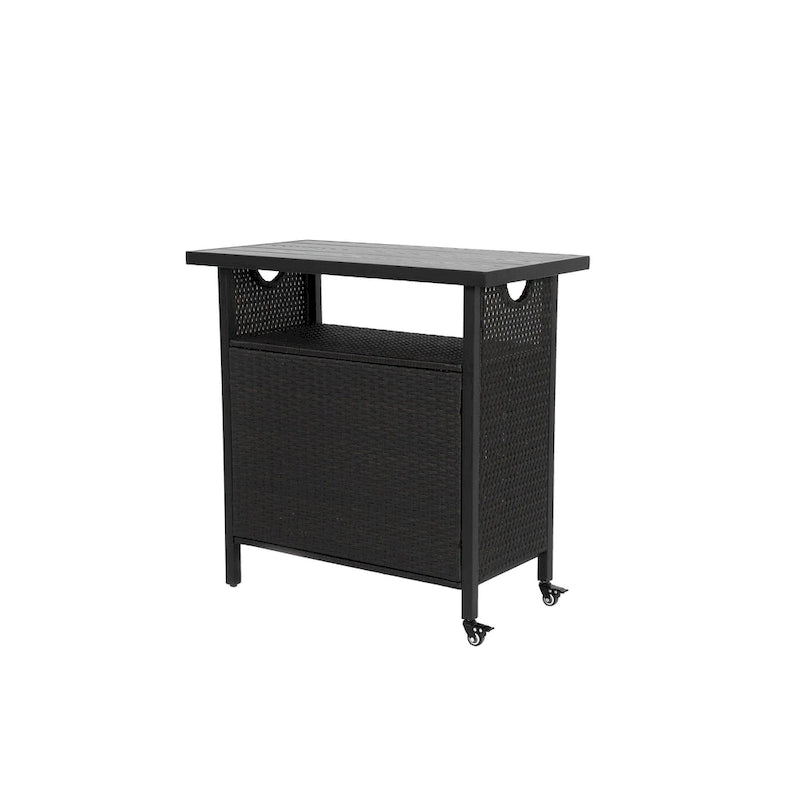 Outdoor Wicker Bar Cart, Patio Wine Serving Cart w/Wheels,Rolling Rattan Beverage Bar Counter Table w/Glass