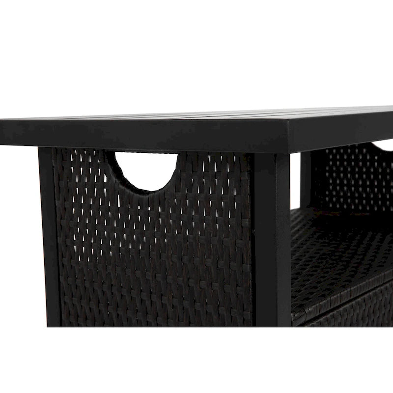 Outdoor Wicker Bar Cart, Patio Wine Serving Cart w/Wheels,Rolling Rattan Beverage Bar Counter Table w/Glass