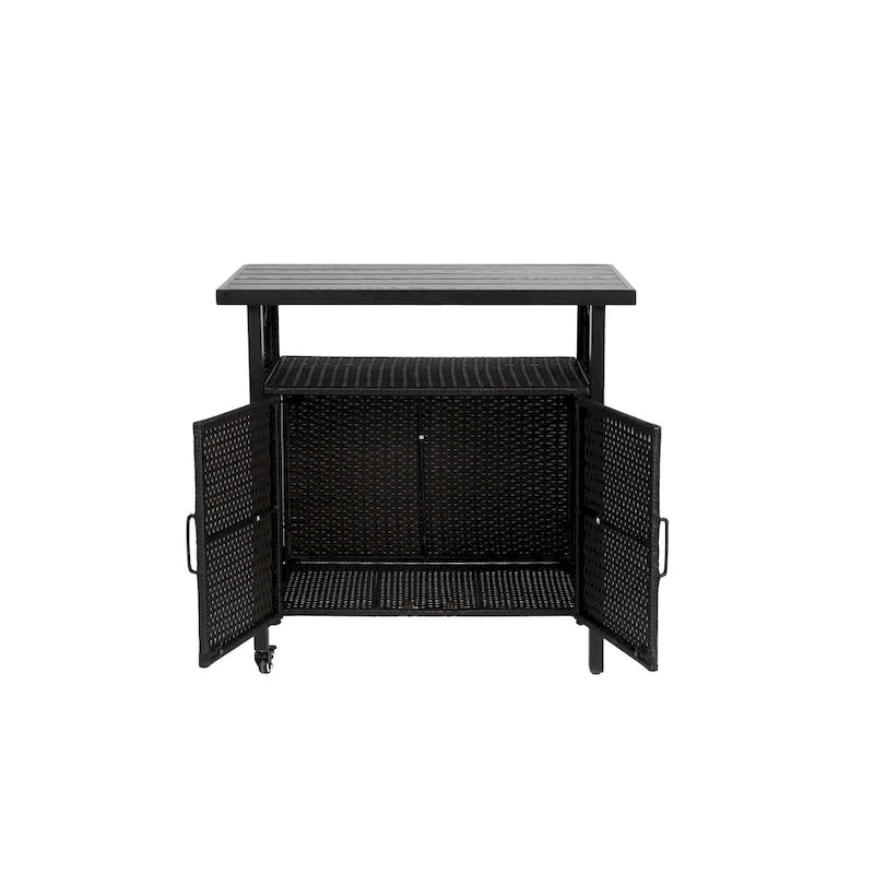 Outdoor Wicker Bar Cart, Patio Wine Serving Cart w/Wheels,Rolling Rattan Beverage Bar Counter Table w/Glass