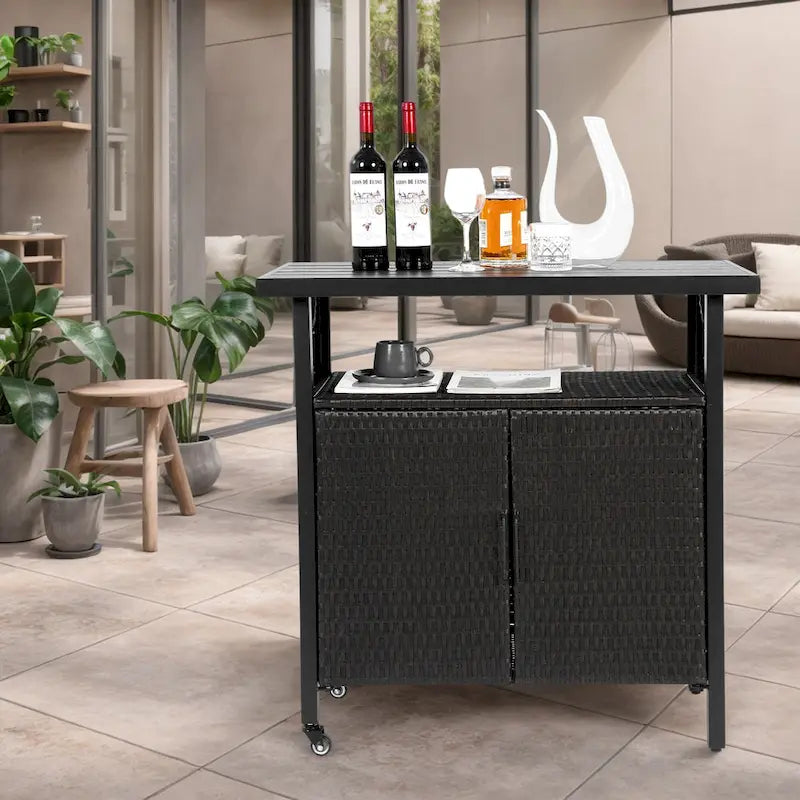 Outdoor Wicker Bar Cart, Patio Wine Serving Cart w/Wheels,Rolling Rattan Beverage Bar Counter Table w/Glass