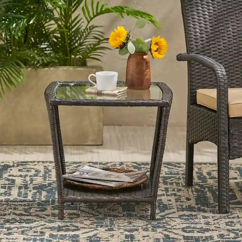 Rattan Side Table 20 Inch with Glass Top Outdoor Wicker Storage