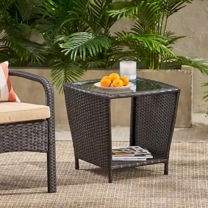 Rattan Side Table 20 Inch with Glass Top Outdoor Wicker Storage