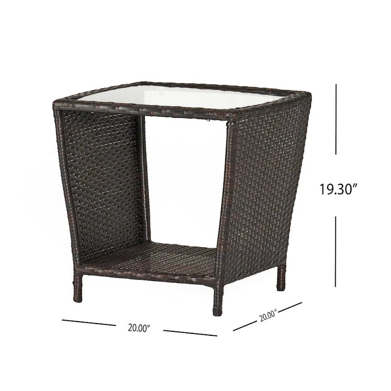 Rattan Side Table 20 Inch with Glass Top Outdoor Wicker Storage