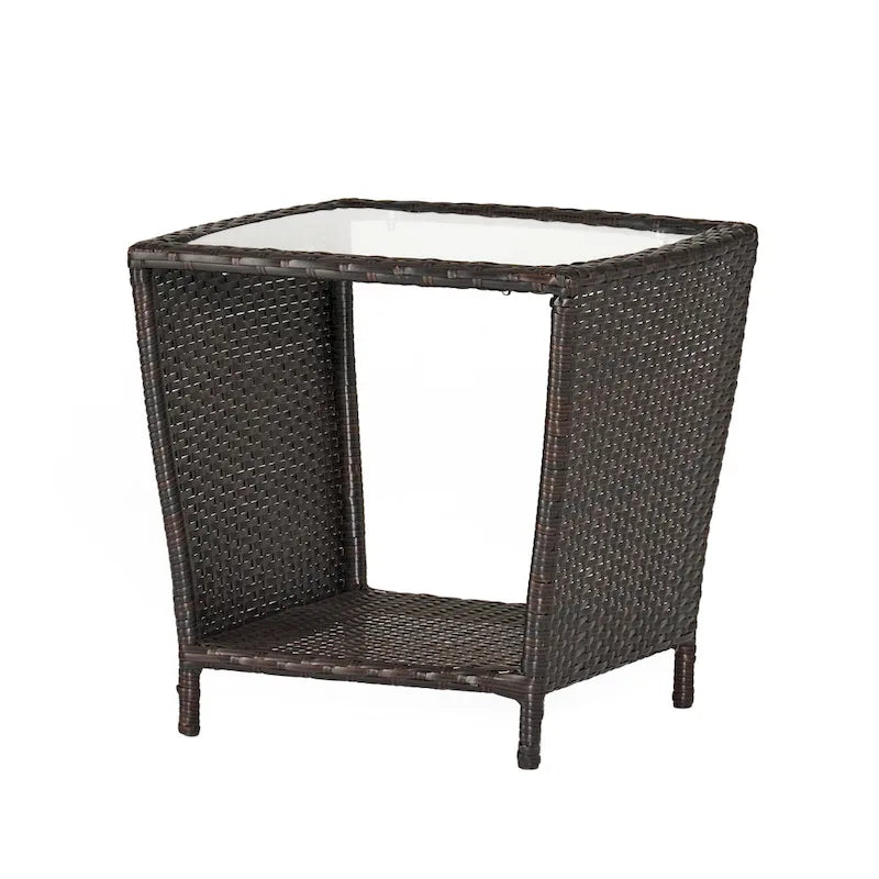Rattan Side Table 20 Inch with Glass Top Outdoor Wicker Storage