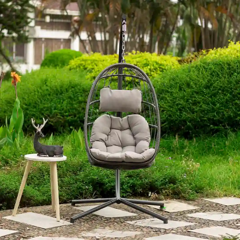 outdoor patio Wicker Hanging Chair Swing Chair Patio Egg Chair UV Resistant Dark grey cushion Aluminum frame