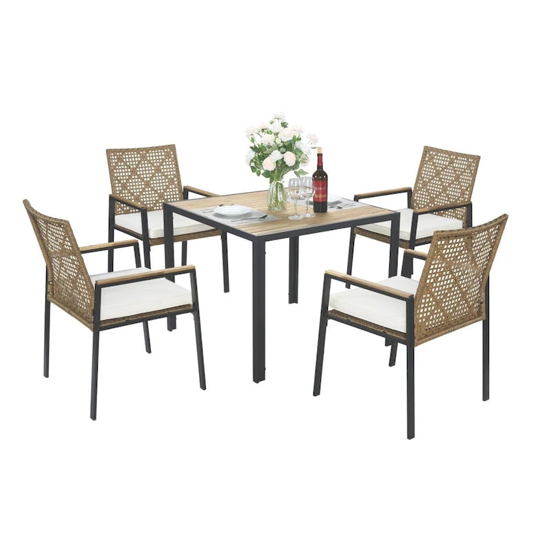 All Weather 5-Piece Patio Dining Set with Umbrella Hole and Acacia Wood Table Top