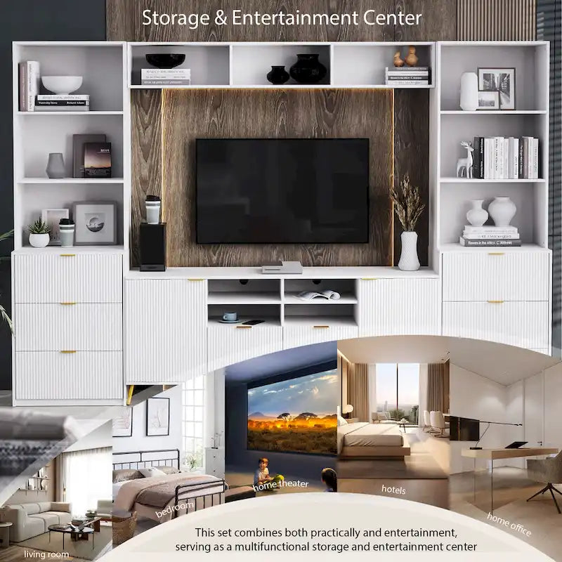 White 112.5 Entertainment Wall Unit with 13 Shelves, 8 Drawers and 2 Cabinets for TVs Up to 70
