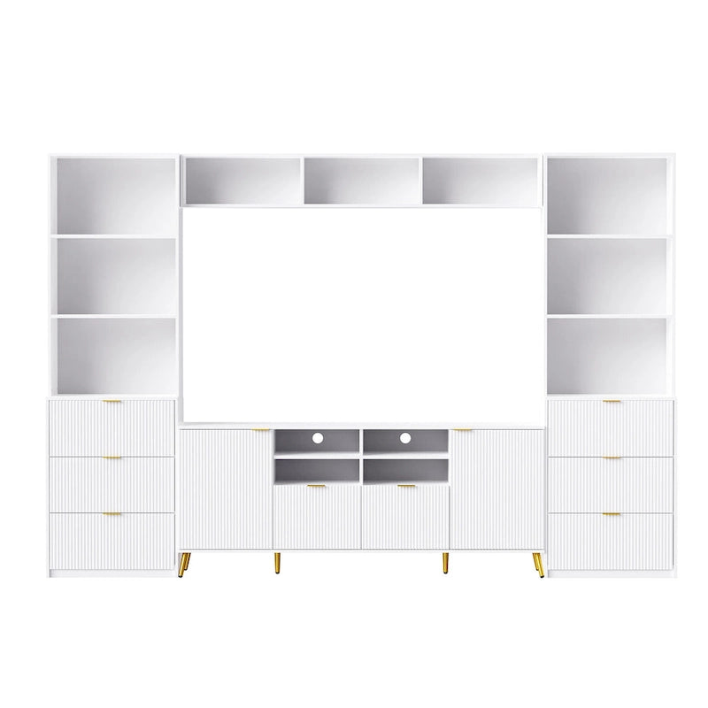 White 112.5 Entertainment Wall Unit with 13 Shelves, 8 Drawers and 2 Cabinets for TVs Up to 70