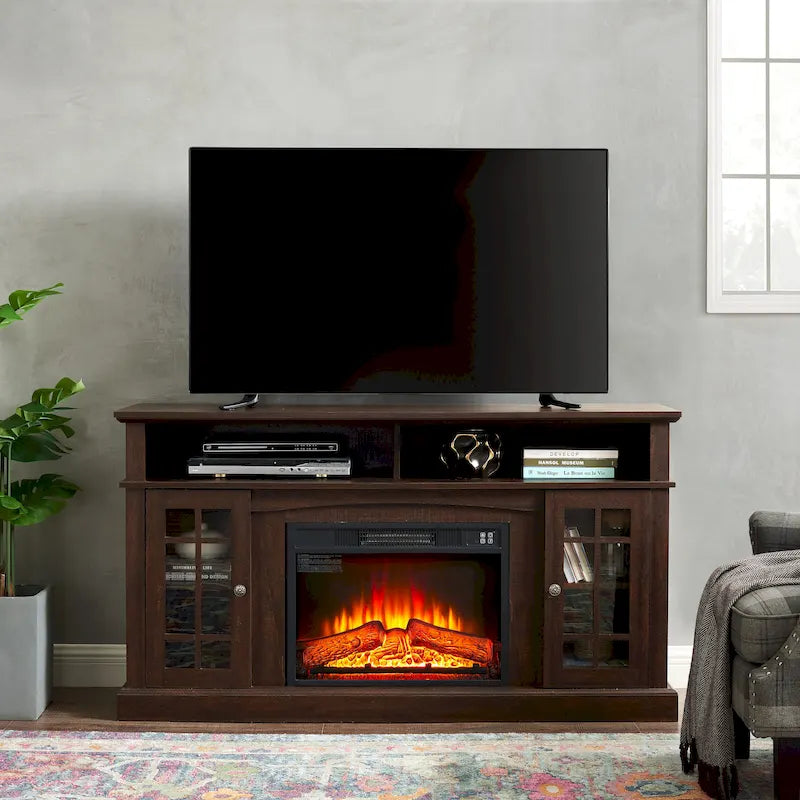 Espresso 58 Fireplace TV Stand with Open & Closed Storage for TVs Up to 65