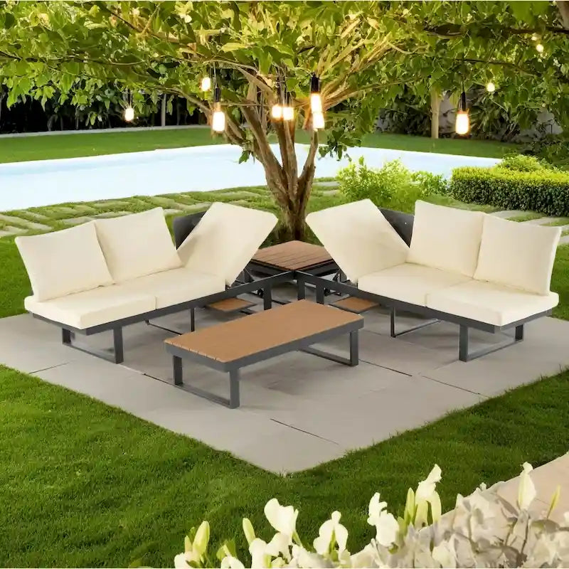 Outdoor Modular Sectional Sofa Set with Coffee Table, Side Table, and Adjustable Reclining Seats