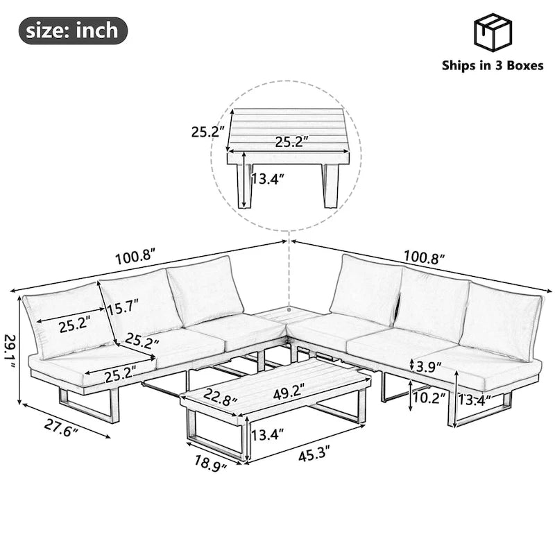 Outdoor Modular Sectional Sofa Set with Coffee Table, Side Table, and Adjustable Reclining Seats