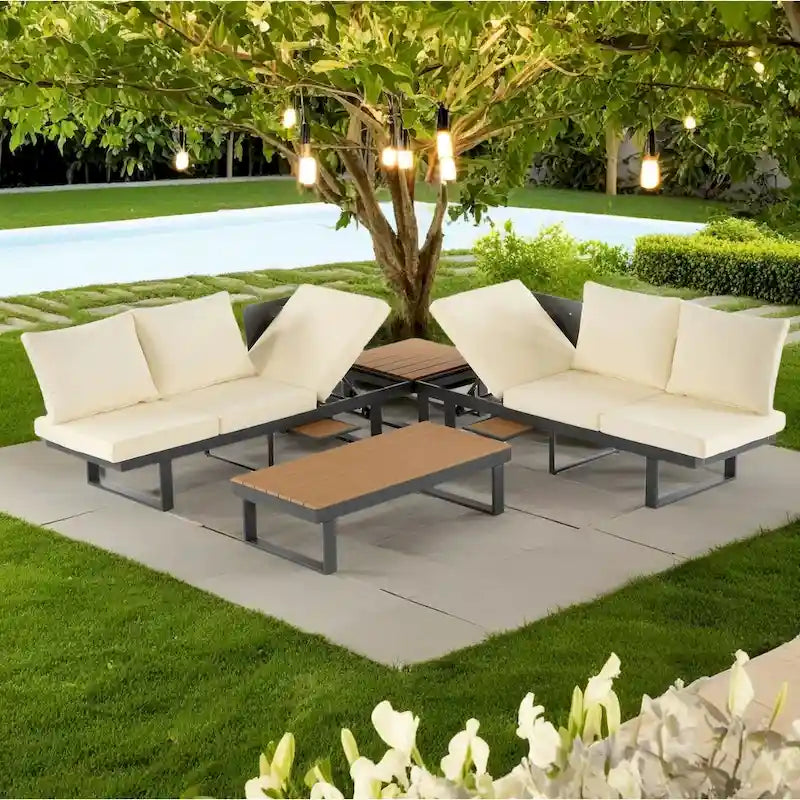 Outdoor Modular Sectional Sofa Set with Coffee Table, Side Table, and Adjustable Reclining Seats