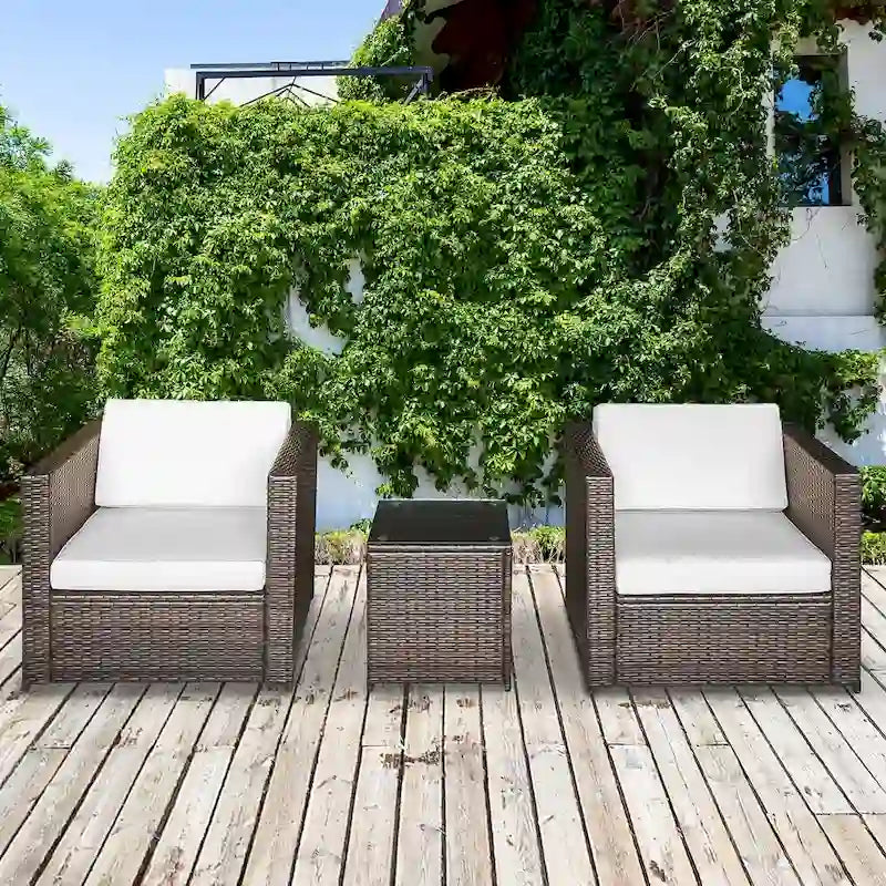 Outsunny 3-Piece Patio Wicker Bistro Set, Outdoor All-hand Weave PE Rattan Conservatory Garden Porch Furniture w/ Coffee Table